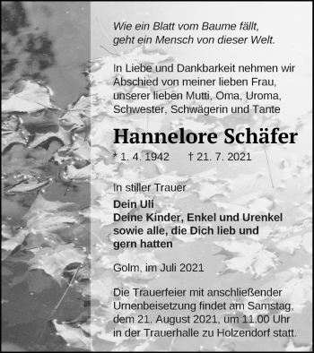 Traueranzeige von Hannelore Schäfer von Strelitzer Zeitung