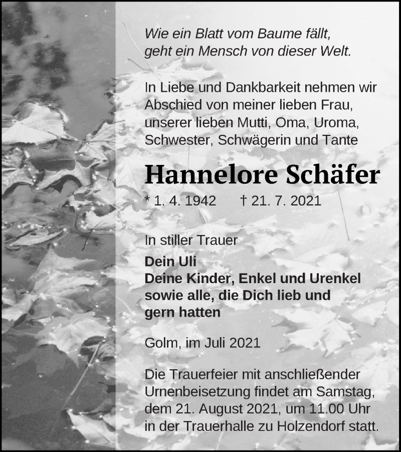  Traueranzeige für Hannelore Schäfer vom 30.07.2021 aus Strelitzer Zeitung