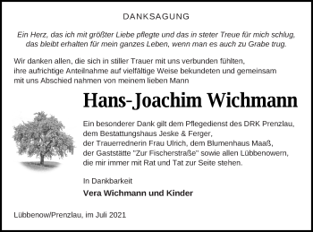 Traueranzeige von Hans-Joachim Wichmann von Prenzlauer Zeitung