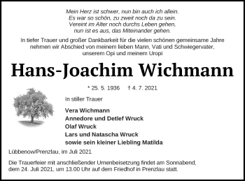 Traueranzeige von Hans-Joachim Wichmann von Prenzlauer Zeitung