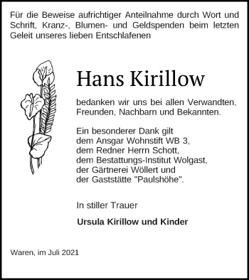 Traueranzeige von Hans Kirillow von Müritz-Zeitung