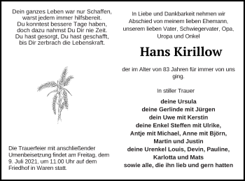 Traueranzeige von Hans Kirillow von Müritz-Zeitung