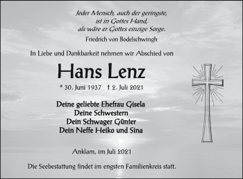 Traueranzeige von Hans Lenz von Vorpommern Kurier