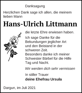 Traueranzeige von Hans-Ulrich Littmann von Mecklenburger Schweiz