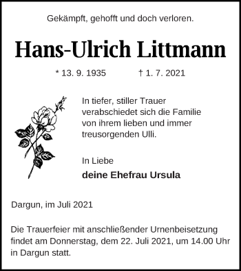 Traueranzeige von Hans-Ulrich Littmann von Mecklenburger Schweiz