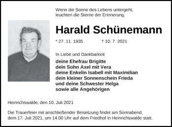 Traueranzeige von Harald Schünemann von Haff-Zeitung