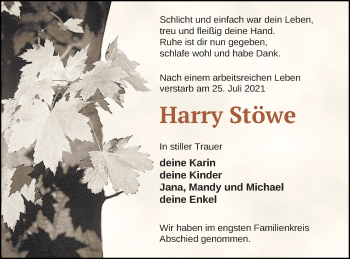 Traueranzeige von Harry Stöwe von Haff-Zeitung