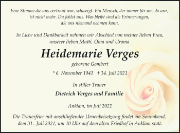 Traueranzeige von Heidemarie Verges von Vorpommern Kurier