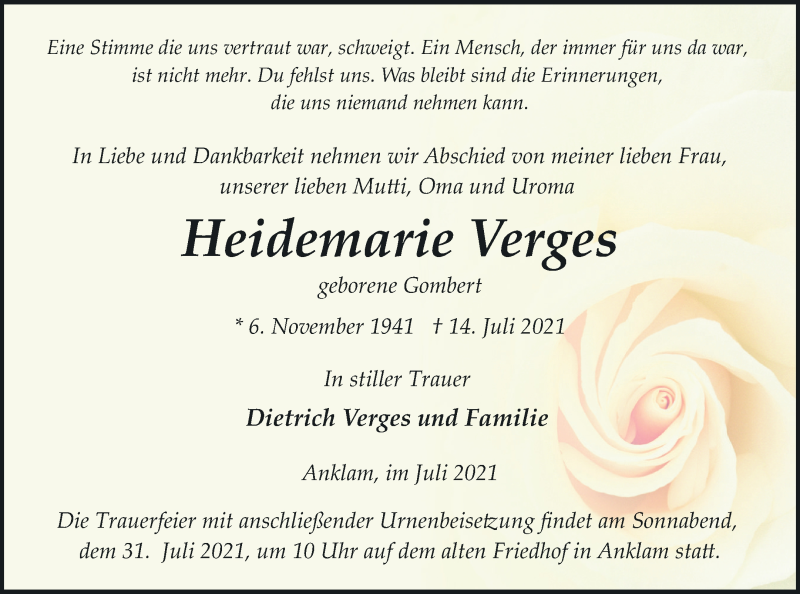  Traueranzeige für Heidemarie Verges vom 17.07.2021 aus Vorpommern Kurier