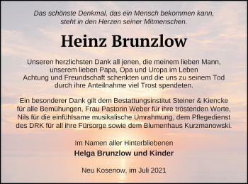 Traueranzeige von Heinz Brunzlow von Vorpommern Kurier