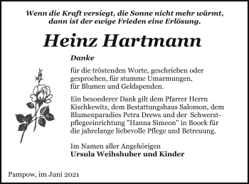 Traueranzeige von Heinz Hartmann von Pasewalker Zeitung