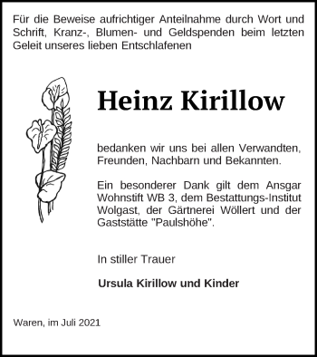 Traueranzeige von Heinz Kirillow von Müritz-Zeitung