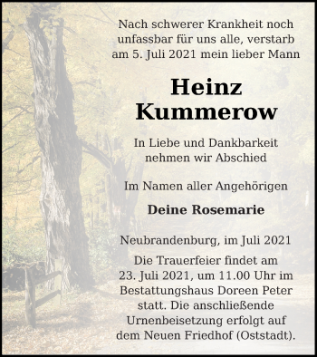 Traueranzeige von Heinz Kummerow von Neubrandenburger Zeitung