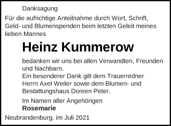 Traueranzeige von Heinz Kummerow von Neubrandenburger Zeitung