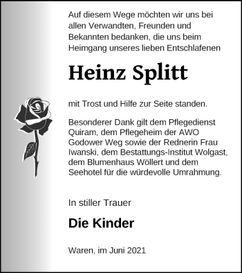 Traueranzeige von Heinz Splitt von Müritz-Zeitung