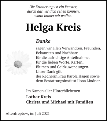 Traueranzeige von Helga Kreis von Neubrandenburger Zeitung