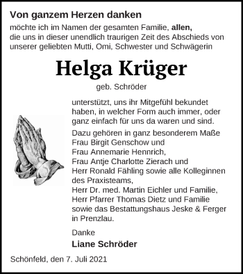 Traueranzeige von Helga Krüger von Prenzlauer Zeitung