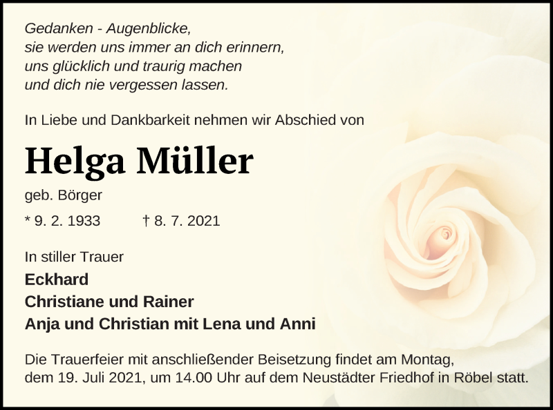  Traueranzeige für Helga Müller vom 16.07.2021 aus Müritz-Zeitung