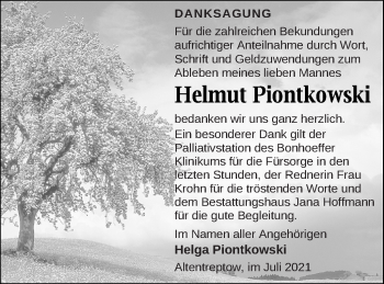 Traueranzeige von Helmut Piontkowski von Neubrandenburger Zeitung