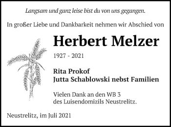 Traueranzeige von Herbert Melzer von Mecklenburger Schweiz