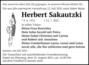 Traueranzeige von Herbert Sakautzki von Vorpommern Kurier