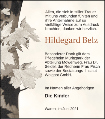 Traueranzeige von Hildegard Belz von Müritz-Zeitung