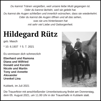 Traueranzeige von Hildegard Rütz von Strelitzer Zeitung