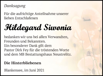 Traueranzeige von Hildegard Siwonia von Strelitzer Zeitung