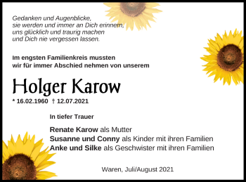 Traueranzeige von Holger Karow von Müritz-Zeitung