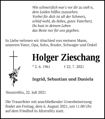 Traueranzeige von Holger Zieschang von Strelitzer Zeitung