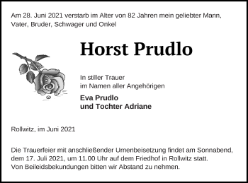 Traueranzeige von Horst Prudlo von Pasewalker Zeitung