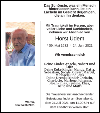 Traueranzeige von Horst Udem von Müritz-Zeitung