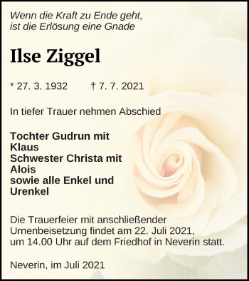 Traueranzeige von Ilse Ziggel von Neubrandenburger Zeitung