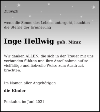 Traueranzeige von Inge Hellwig von Pasewalker Zeitung