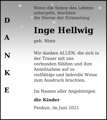 Traueranzeige von Inge Hellwig von Pasewalker Zeitung