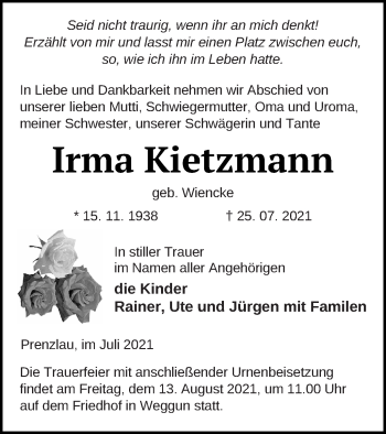 Traueranzeige von Irma Kietzmann von Prenzlauer Zeitung