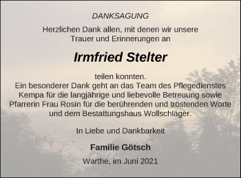 Traueranzeige von Irmfried Stelter von Templiner Zeitung