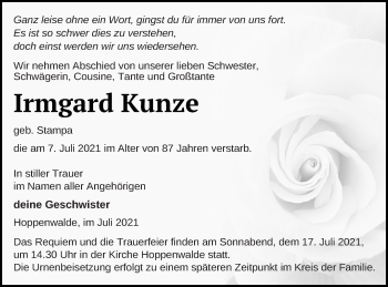 Traueranzeige von Irmgard Kunze von Haff-Zeitung