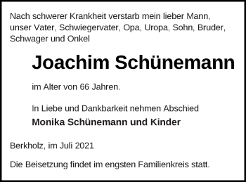 Traueranzeige von Joachim Schünemann von Templiner Zeitung