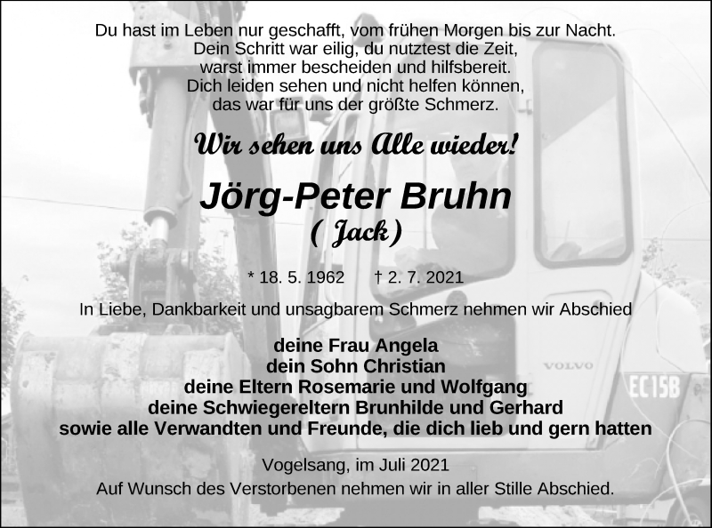  Traueranzeige für Jörg-Peter Bruhn vom 10.07.2021 aus Haff-Zeitung