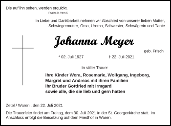 Traueranzeige von Johanna Meyer von Müritz-Zeitung