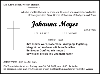Traueranzeige von Johanna Meyer von Müritz-Zeitung