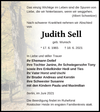 Traueranzeige von Judith Sell von Mecklenburger Schweiz