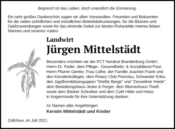 Traueranzeige von Jürgen Mittelstädt von Prenzlauer Zeitung