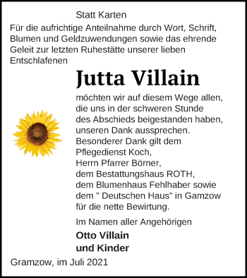 Traueranzeige von Jutta Villain von Prenzlauer Zeitung