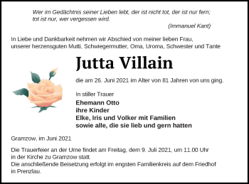 Traueranzeige von Jutta Villain von Prenzlauer Zeitung