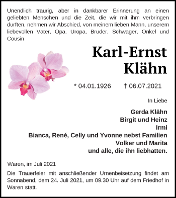 Traueranzeige von Karl-Ernst Klähn von Müritz-Zeitung