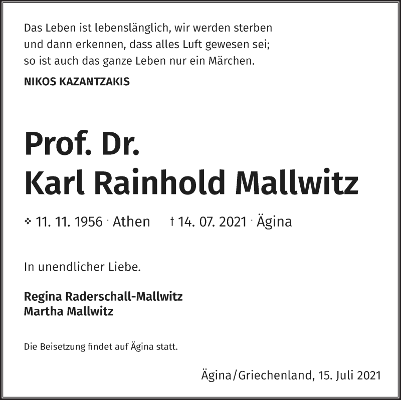  Traueranzeige für Karl Rainhold Mallwitz vom 20.07.2021 aus Neubrandenburger Zeitung