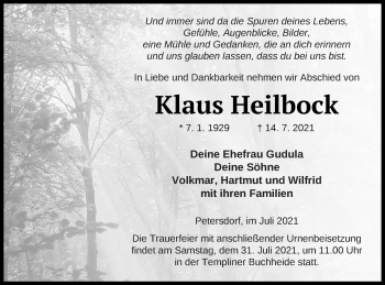 Traueranzeige von Klaus Heilbock von Templiner Zeitung