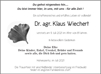 Traueranzeige von Klaus Wiechert von Strelitzer Zeitung